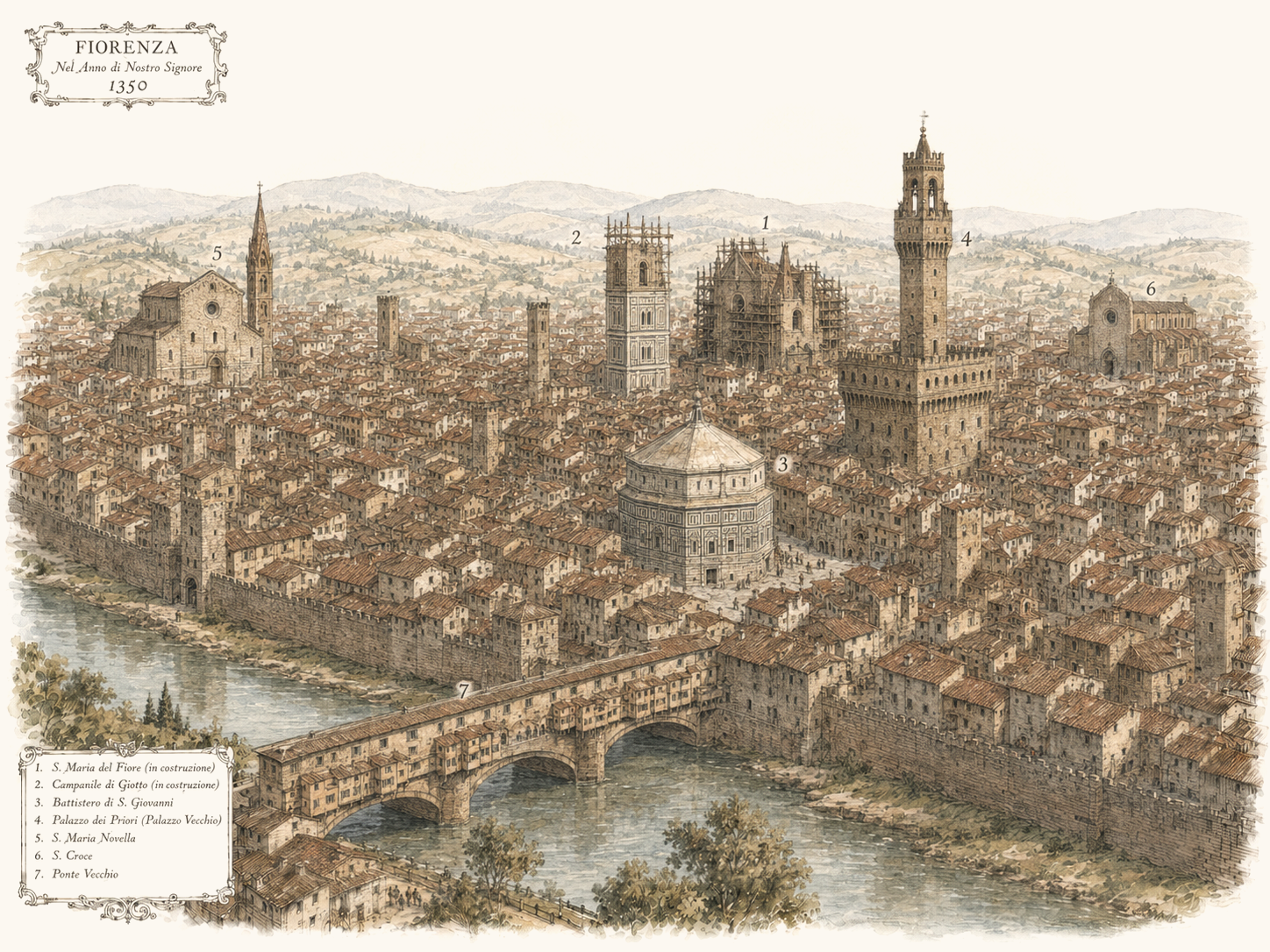 Illustrated map of Florence in 1350, showing the Duomo under construction, the Baptistery, Palazzo dei Priori, Santa Maria Novella, Santa Croce, and Ponte Vecchio along the Arno